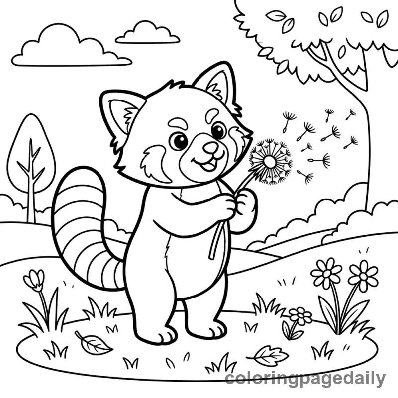 Red Panda Blowing Dandelion - Daily printable coloring page in Animals category