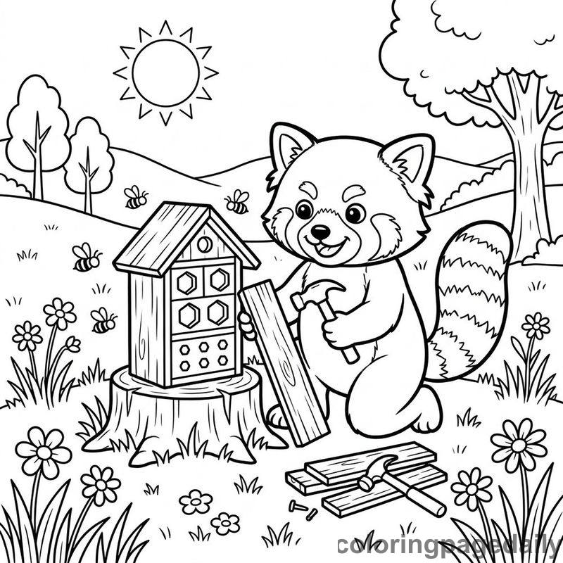 Red Panda Building Bee House - Colored reference example