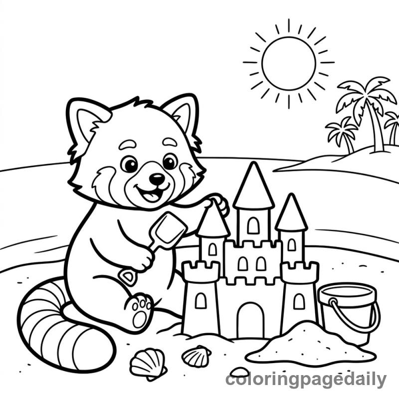 Red Panda Building Sandcastle - Colored reference example