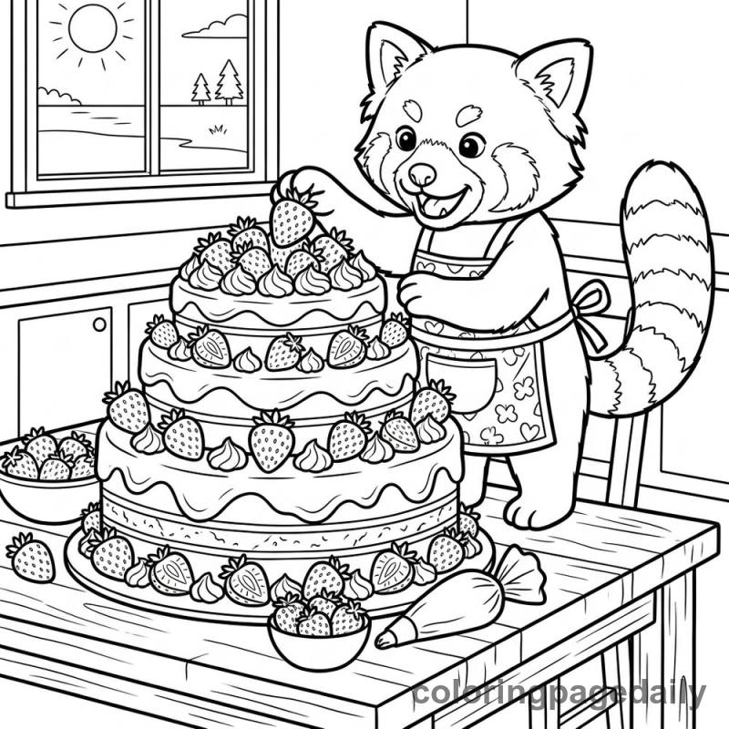 Red Panda Decorating Cake - Daily printable coloring page in Animals category