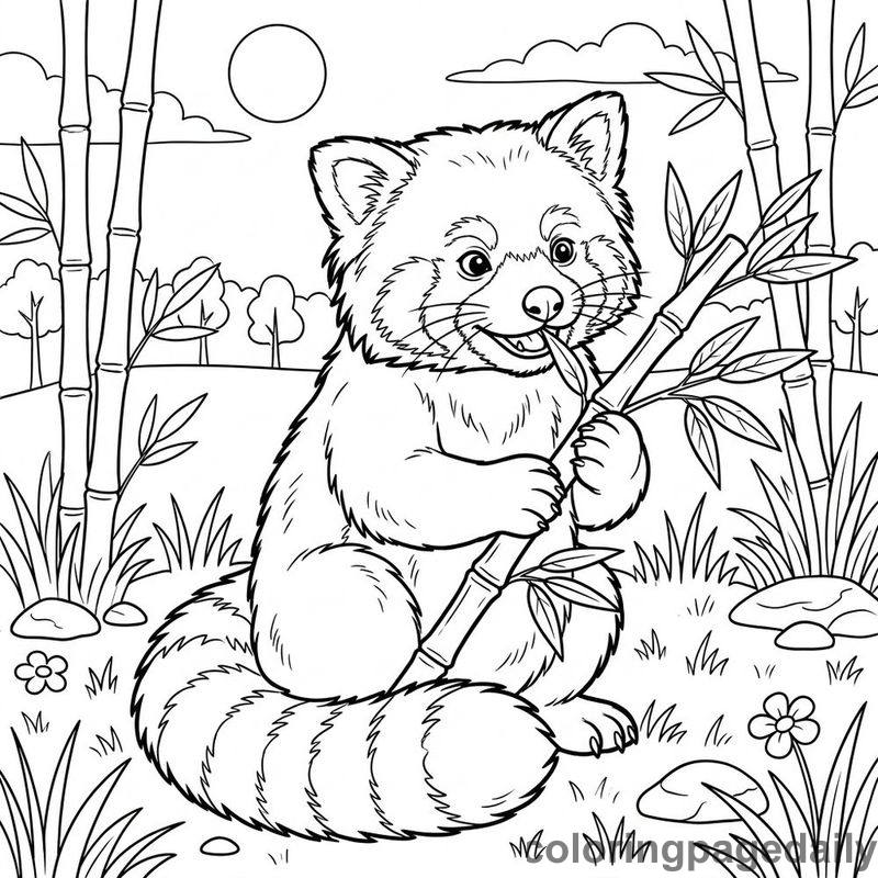 Red Panda Eating Bamboo - Daily printable coloring page in Animals category