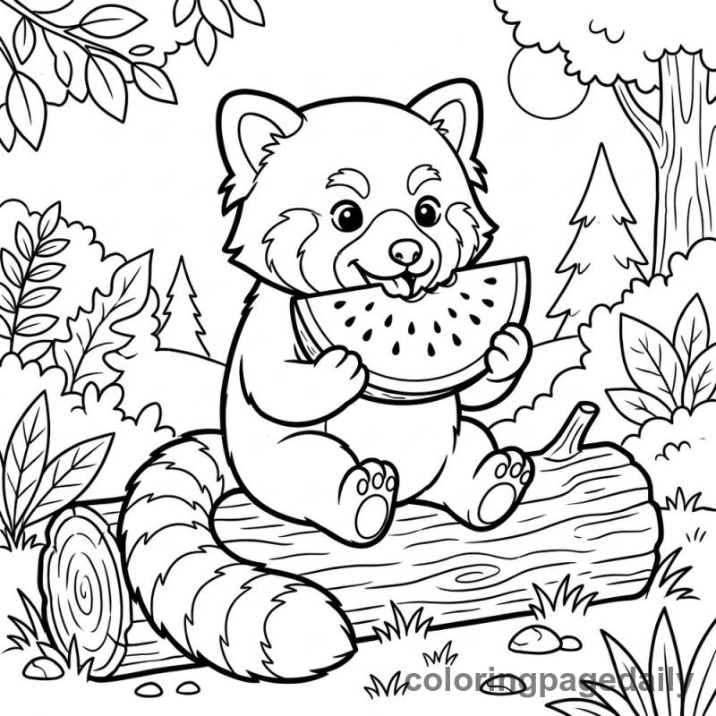 Red Panda Eating Watermelon - Colored reference example