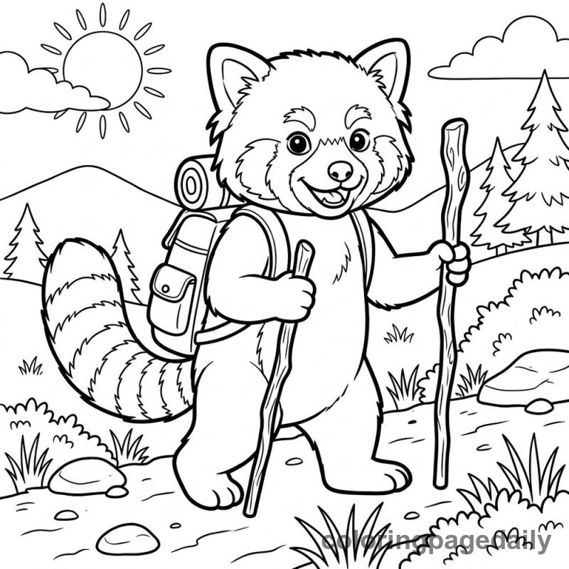 Red Panda Hiking Adventure - Daily printable coloring page in Animals category