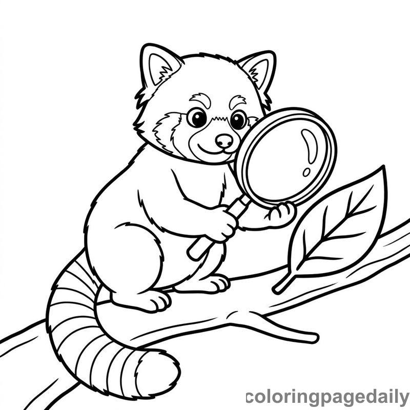 Red Panda Inspecting Leaf - Colored reference example