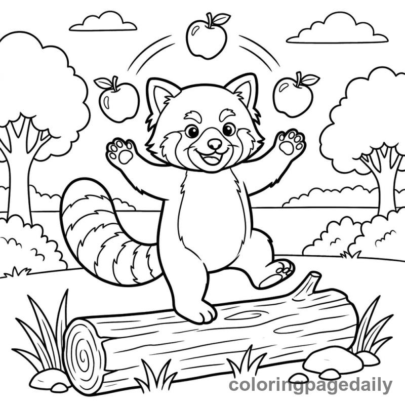 Red Panda Juggling Apples - Daily printable coloring page in Animals category