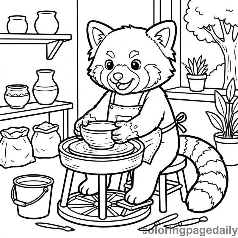 Red Panda Making Pottery - Daily printable coloring page in Animals category