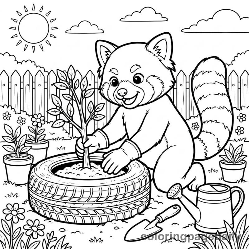 Red Panda Planting Sapling - Colored reference example