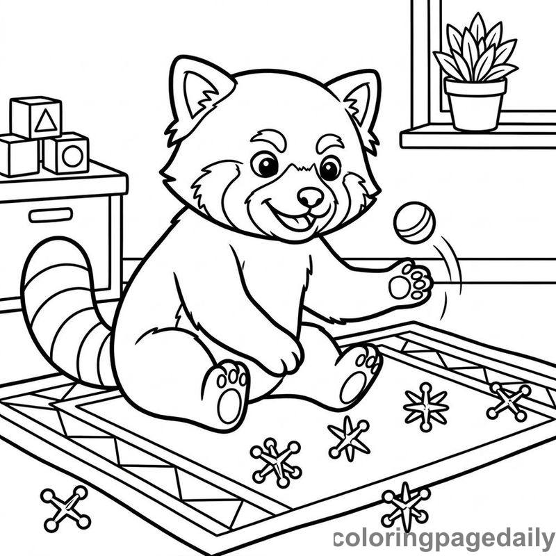 Red Panda Playing Jacks - Daily printable coloring page in Animals category