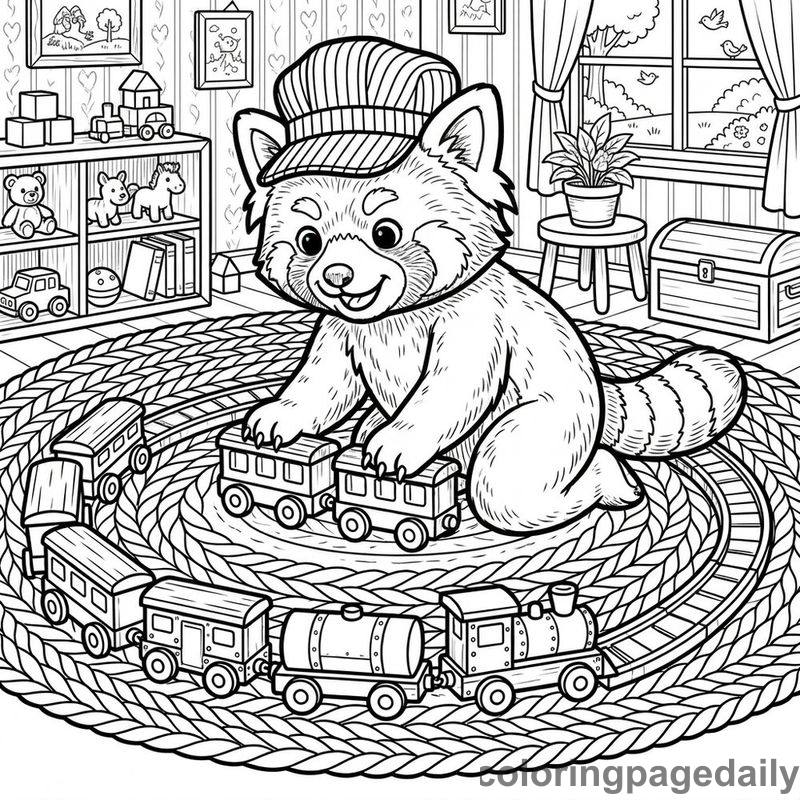 Red Panda Playing Toy Trains - Colored reference example
