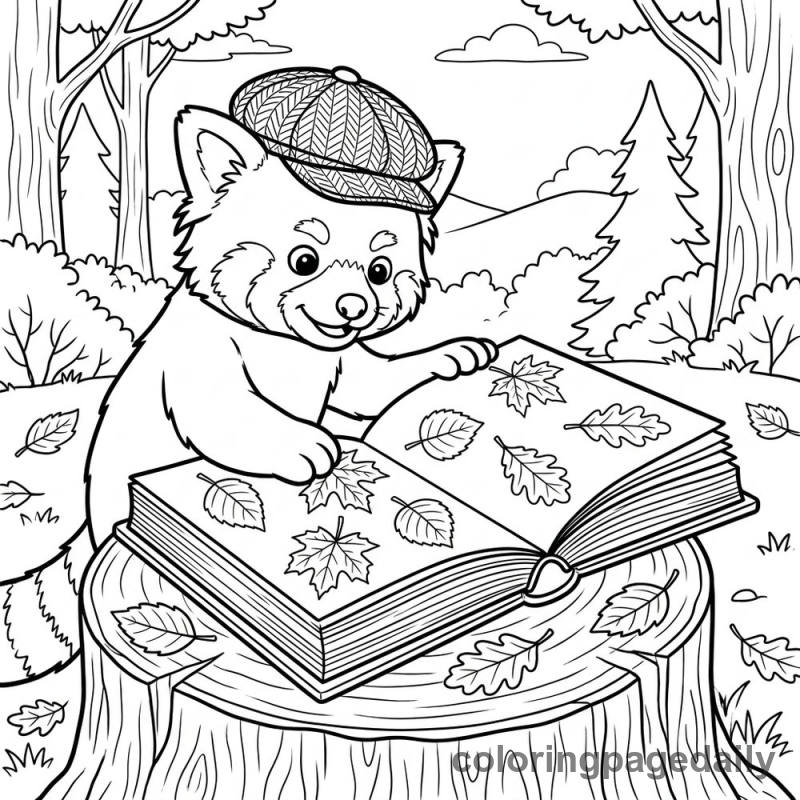 Red Panda Pressing Autumn Leaves - Daily printable coloring page in Animals category
