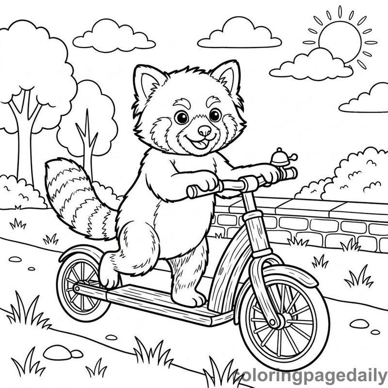 Red Panda Riding Scooter - Daily printable coloring page in Animals category