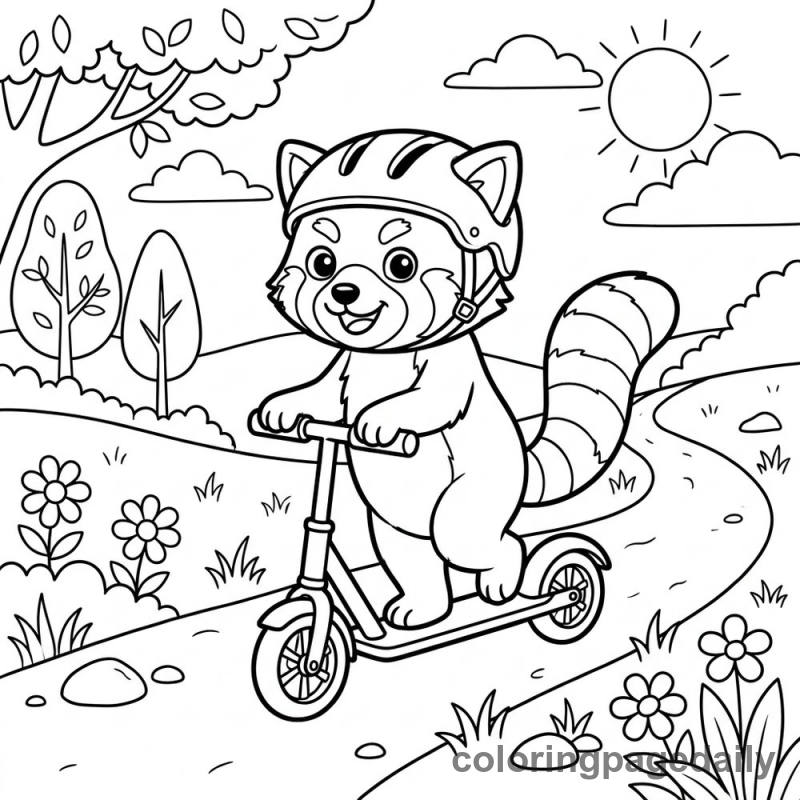 Red Panda's Scooter Ride - Daily printable coloring page in Animals category