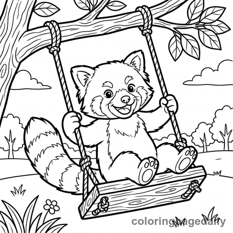 Red Panda Swinging Fun - Daily printable coloring page in Animals category