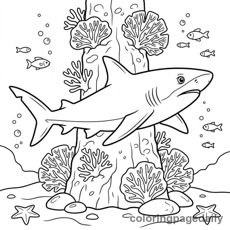 Reef Shark Exploring Pillar - Daily printable coloring page in Ocean and Underwater Life category