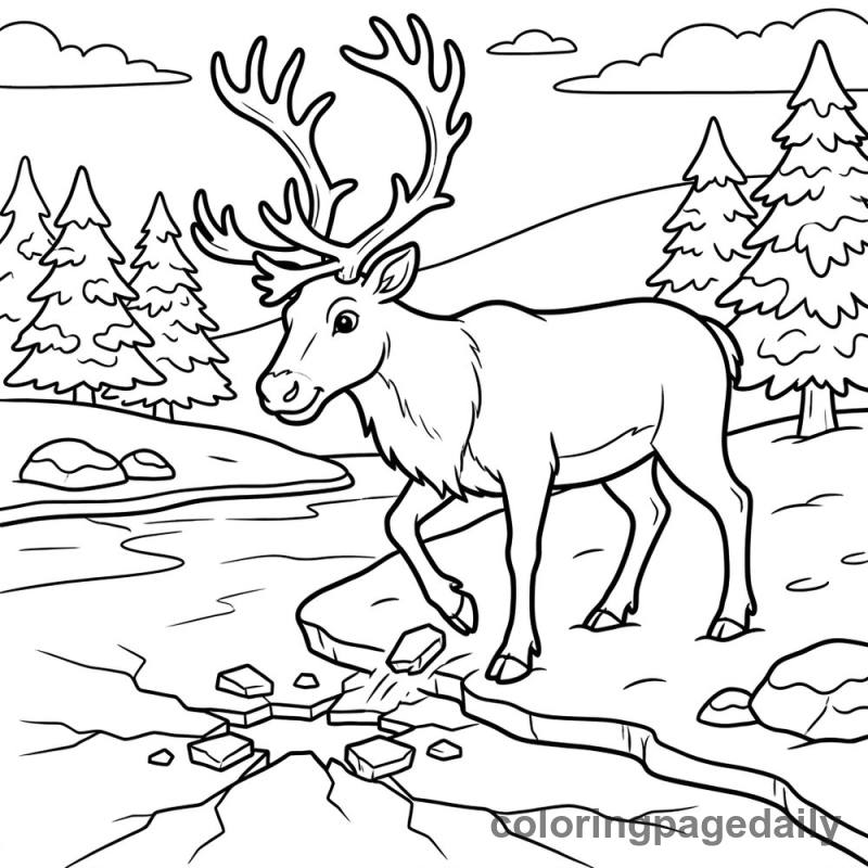 Reindeer Breaking Stream Ice - Daily printable coloring page in Winter and Snow Season category