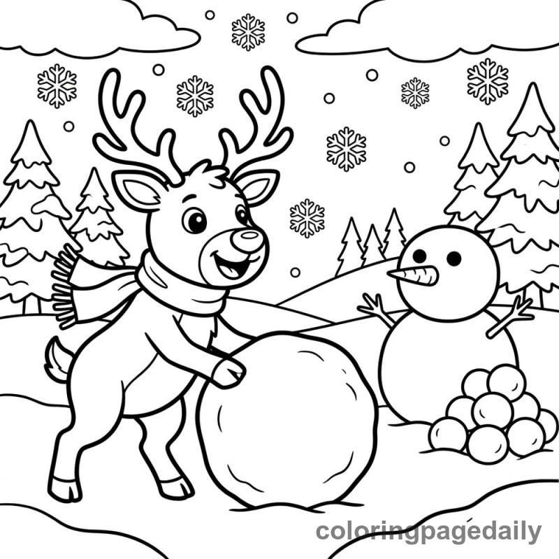Reindeer Building Snowman - Colored reference example