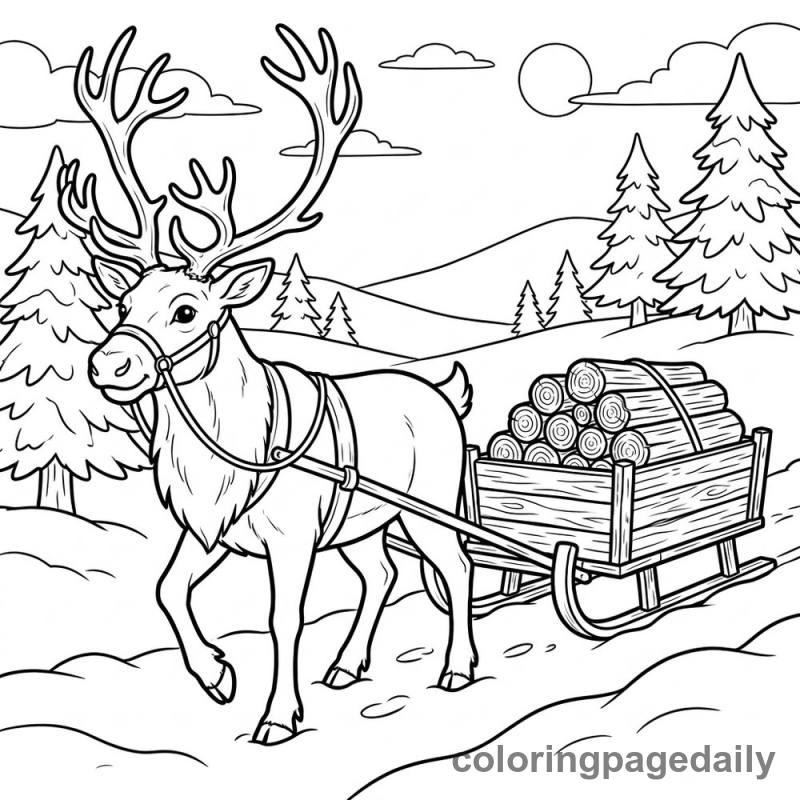 Reindeer Pulling Firewood Sled - Colored reference example