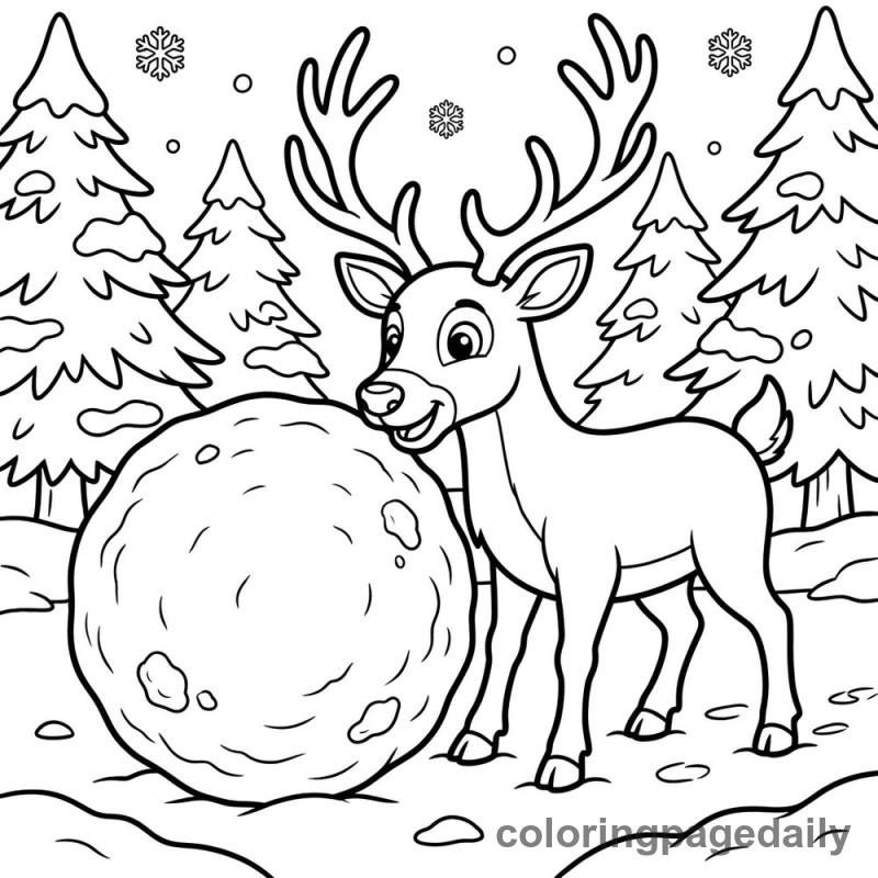Reindeer Pushes a Big Snowball - Colored reference example