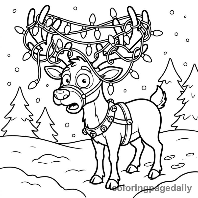 Reindeer Tangled in Lights - Daily printable coloring page in Christmas category