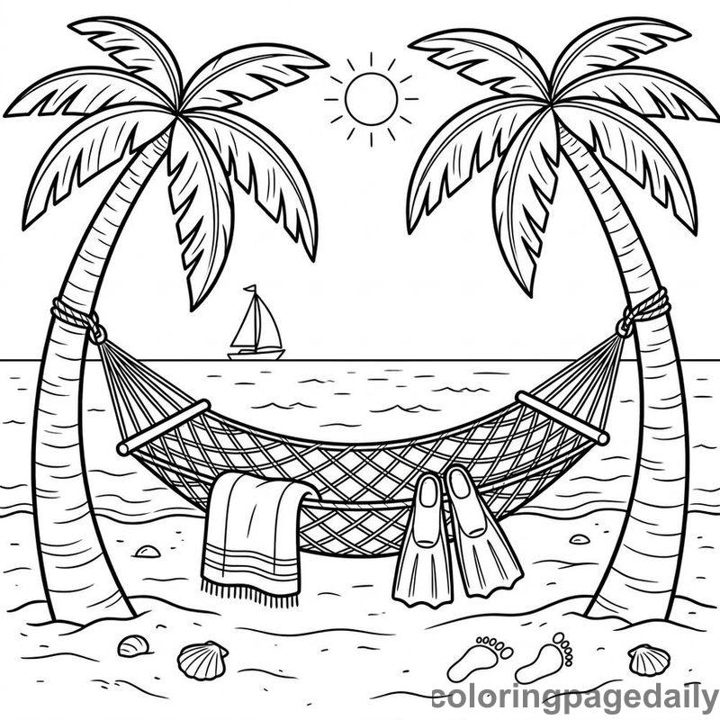 Relaxing Summer Beach Hammock - Daily printable coloring page in Summer Vacation category