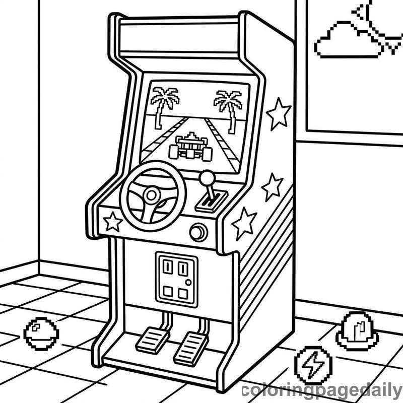 Retro Arcade Racing Cabinet - Daily printable coloring page in Video Games and Pixel Art category