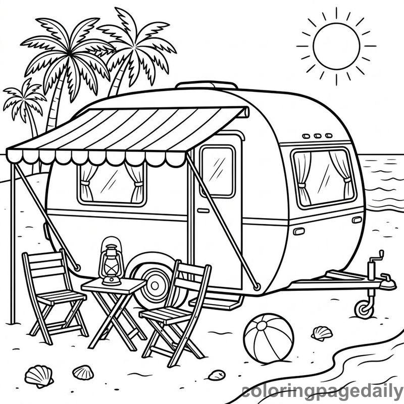 Retro Beach Camper Trailer - Daily printable coloring page in Summer Vacation category