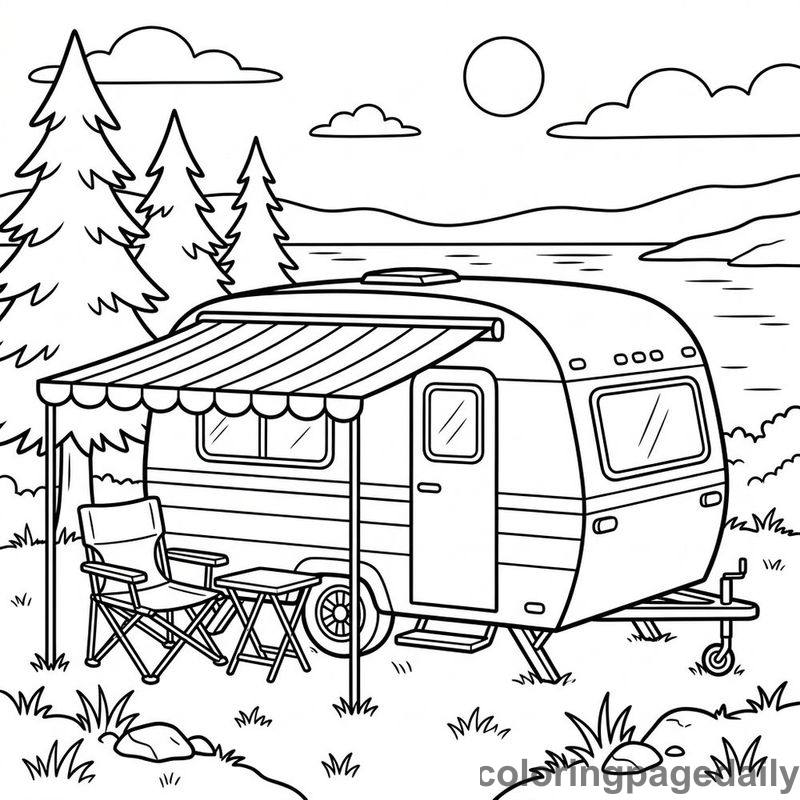 Retro Camper Lakeside Campsite - Daily printable coloring page in Vehicle category