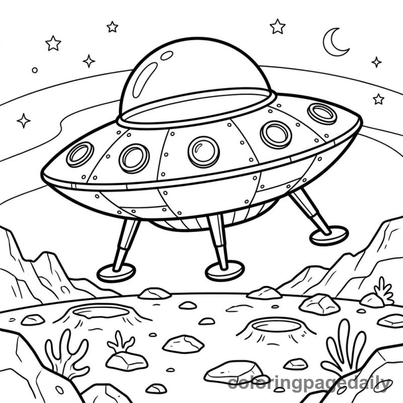 Retro Flying Saucer - Daily printable coloring page in Space category