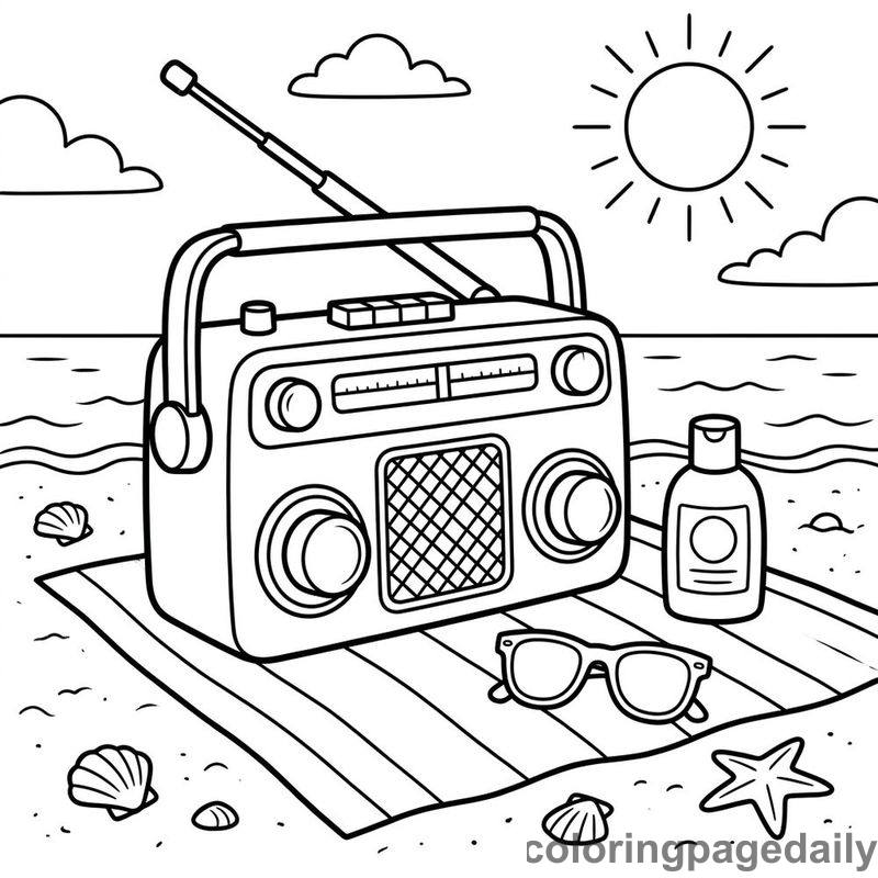 Retro Radio On Beach Blanket - Colored reference example