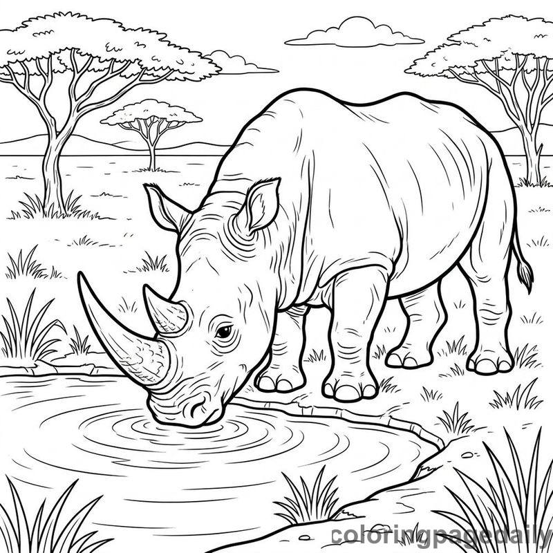 Rhinoceros Drinking From Pond - Colored reference example