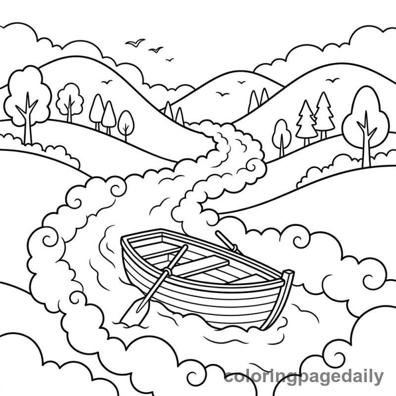 The Little Boat's Magical Voyage Through Cloud Valley - story illustration coloring page