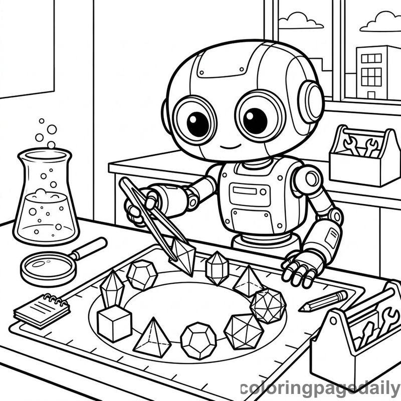 Robot Arranging Lab Crystals - Daily printable coloring page in Robots and STEM category