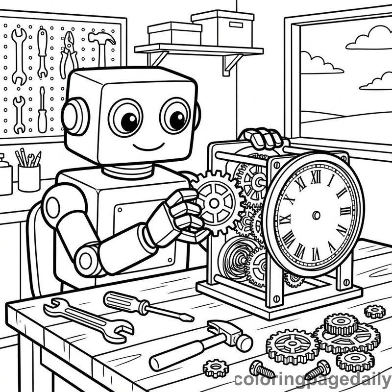 Robot Assembling Gear Clock - Colored reference example