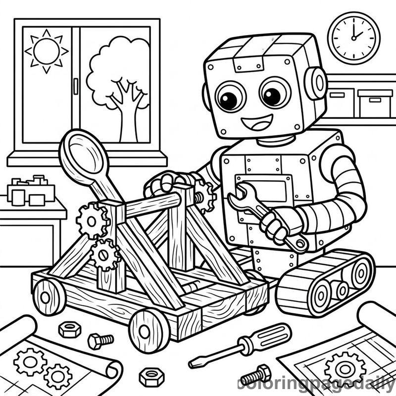 Robot Assembling Wooden Catapult - Colored reference example