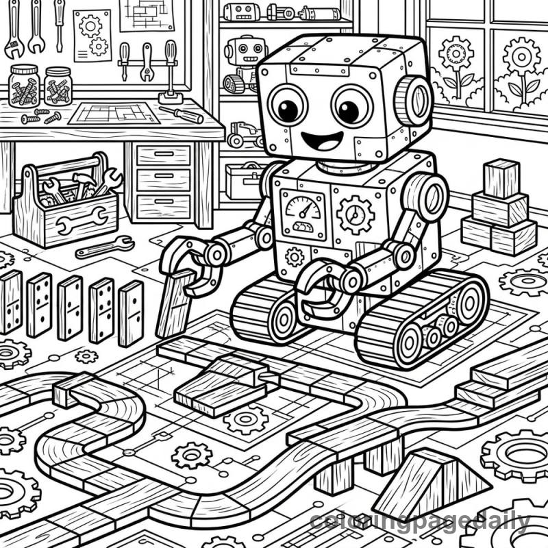 Robot Building Domino Track - Daily printable coloring page in Robots and STEM category