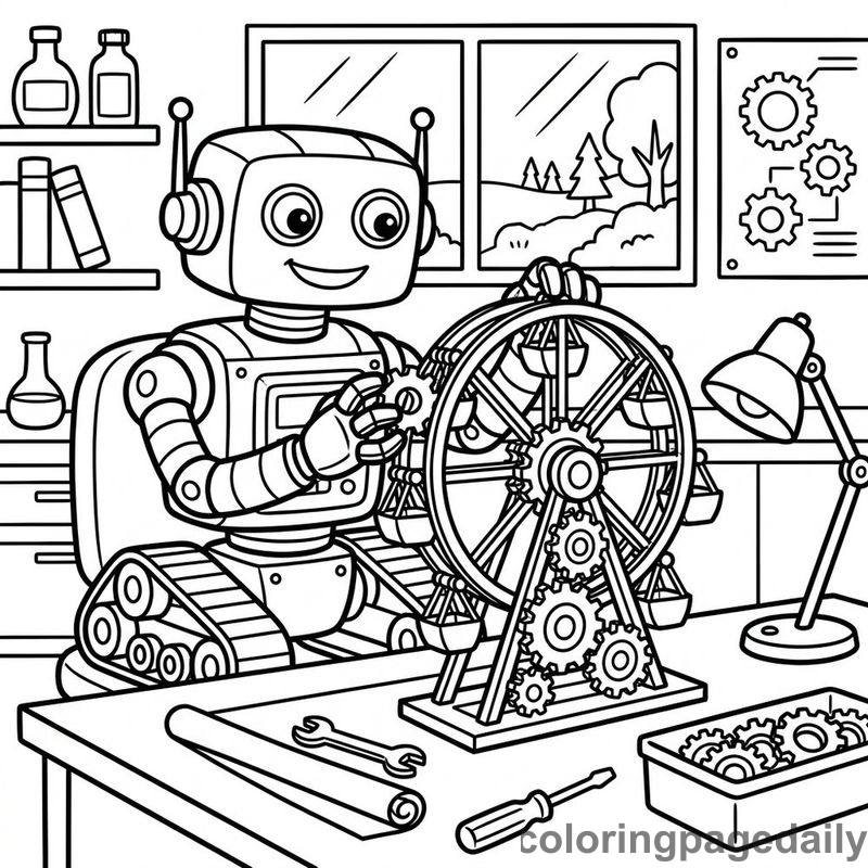 Robot Building Gear Ferris Wheel - Daily printable coloring page in Robots and STEM category