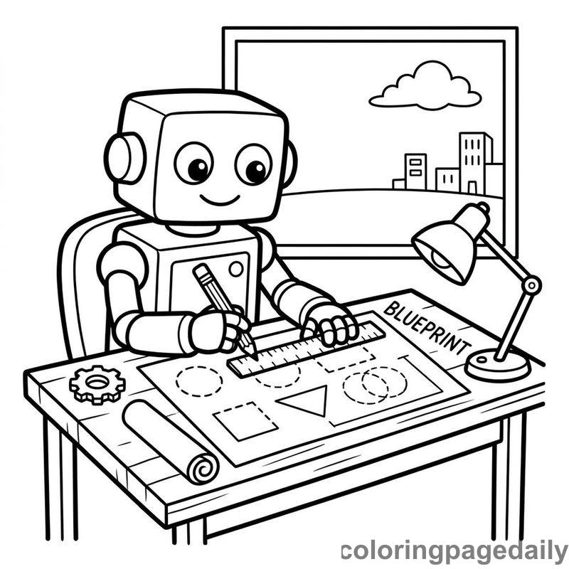 Robot Drawing Geometric Blueprints - Daily printable coloring page in Robots and STEM category