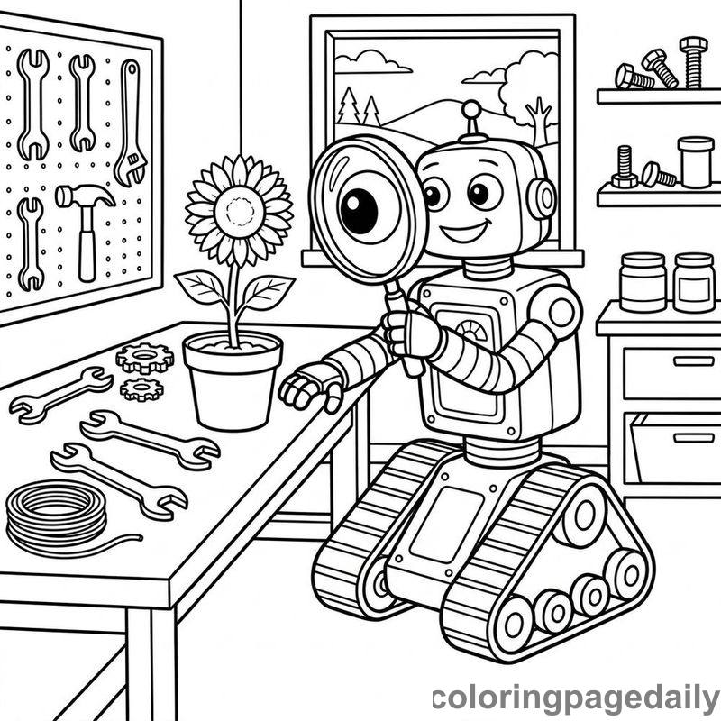 Robot Inspecting A Sunflower - Daily printable coloring page in Robots and STEM category