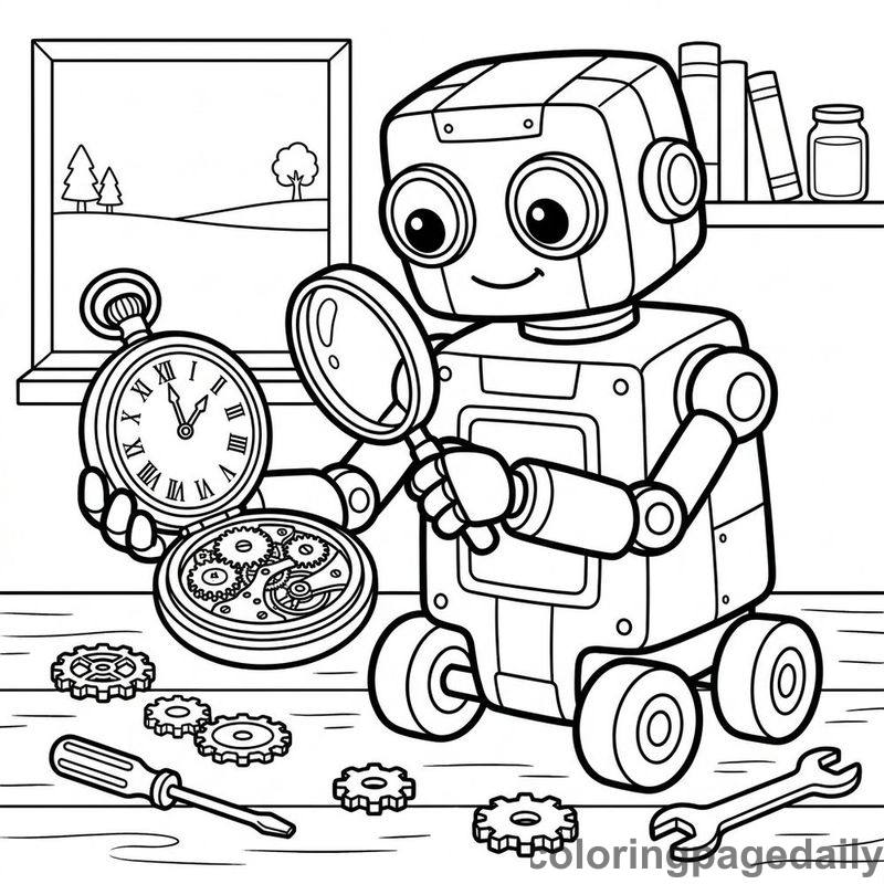 Robot Inspecting Pocket Watch - Colored reference example