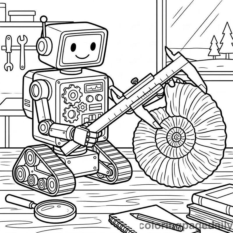 Robot Measuring Ammonite Fossil - Daily printable coloring page in Robots and STEM category