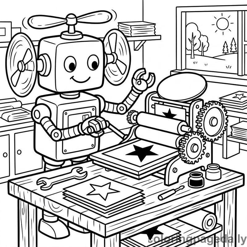 Robot Operating Printing Press - Daily printable coloring page in Robots and STEM category