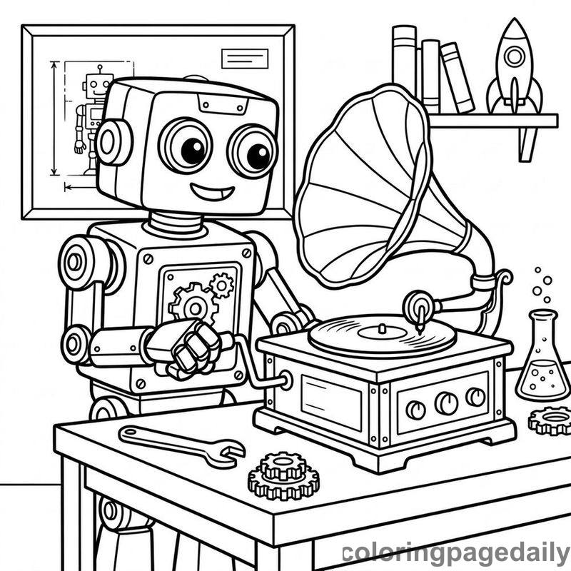 Robot Operating Vintage Phonograph - Daily printable coloring page in Robots and STEM category