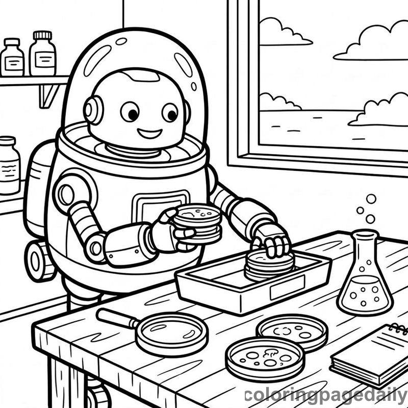 Robot Organizing Petri Dishes - Daily printable coloring page in Robots and STEM category