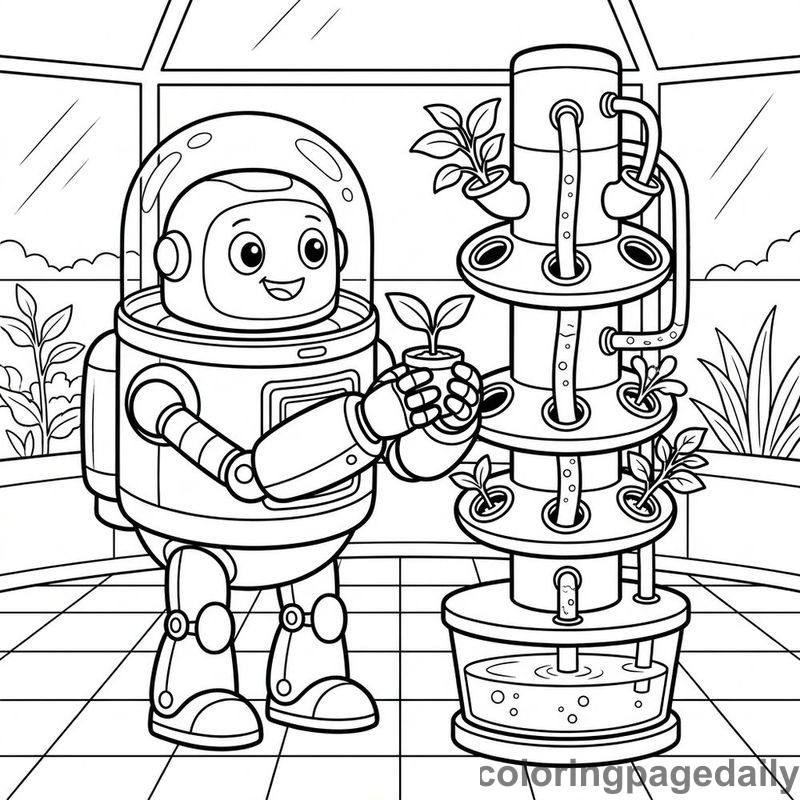 Robot Planting Hydroponic Sprout - Daily printable coloring page in Robots and STEM category