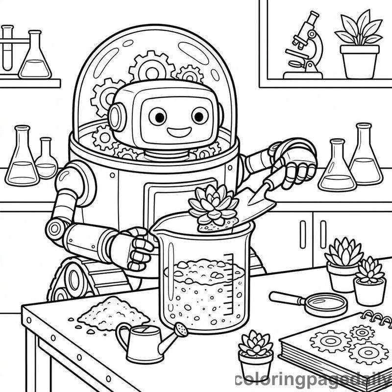 Robot Planting Succulent Terrarium - Colored reference example