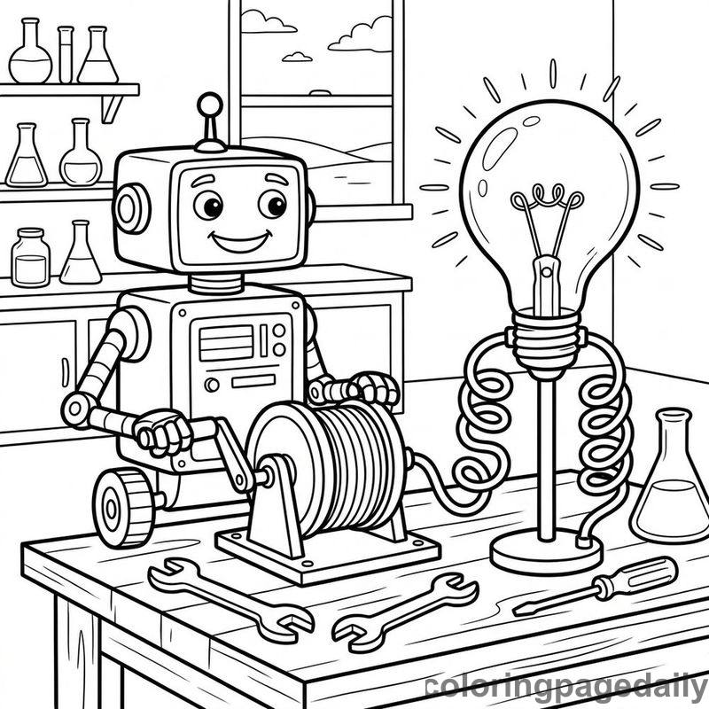 Robot Powering A Giant Lightbulb - Daily printable coloring page in Robots and STEM category