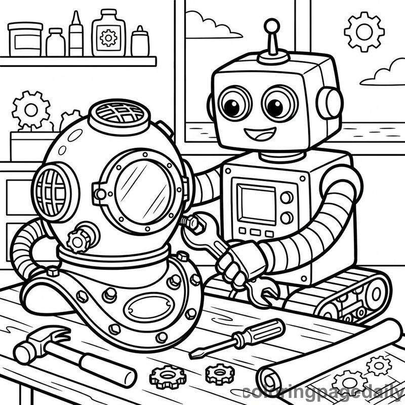 Robot Repairing Diving Helmet - Daily printable coloring page in Robots and STEM category