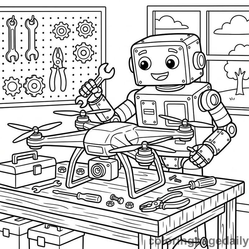 Robot Repairing Flying Drone - Colored reference example