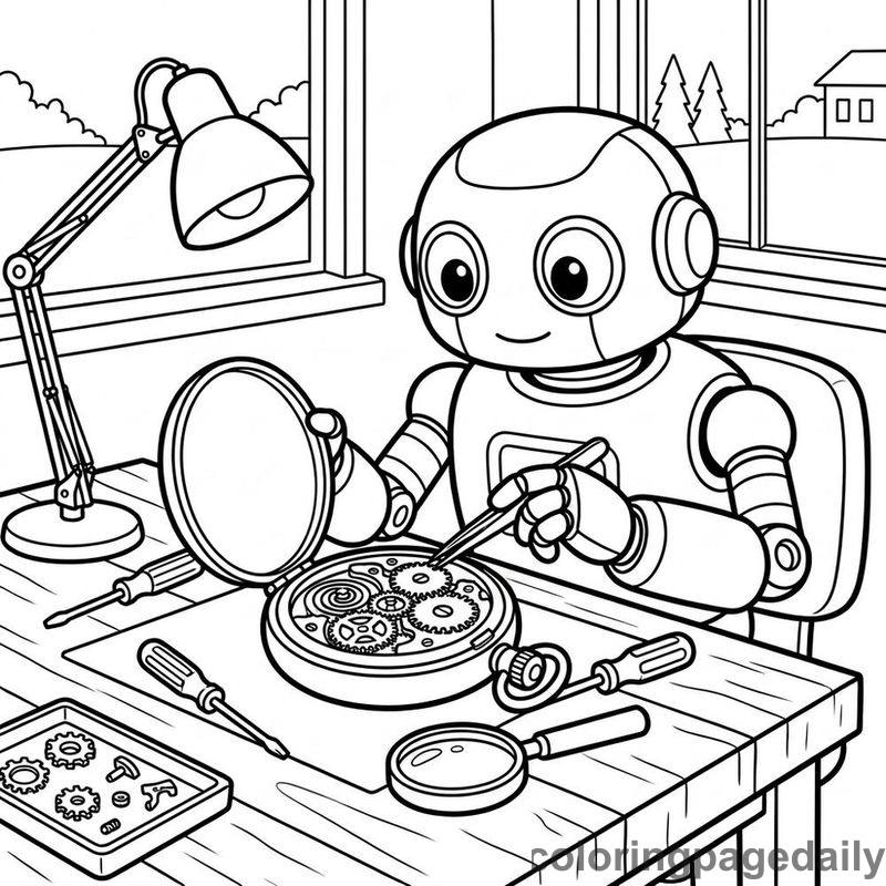 Robot Repairing Pocket Watch - Daily printable coloring page in Robots and STEM category