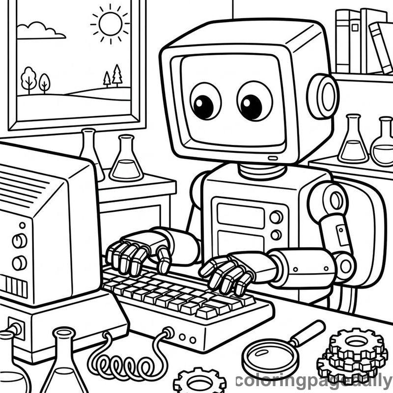 Robot Typing On Keyboard - Daily printable coloring page in Robots and STEM category